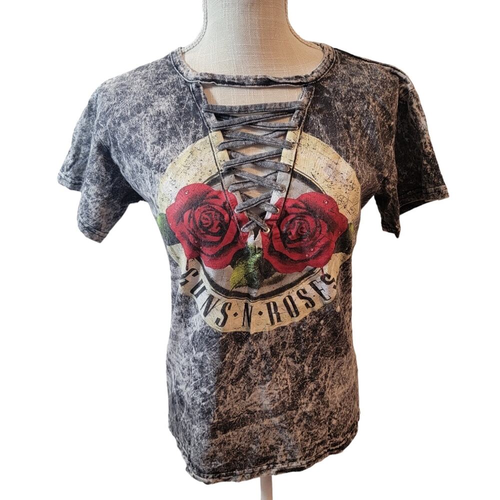 Guns N Roses Stone Wash Lace Up  Dark Grey/White Short Sleeve Tee Size Small